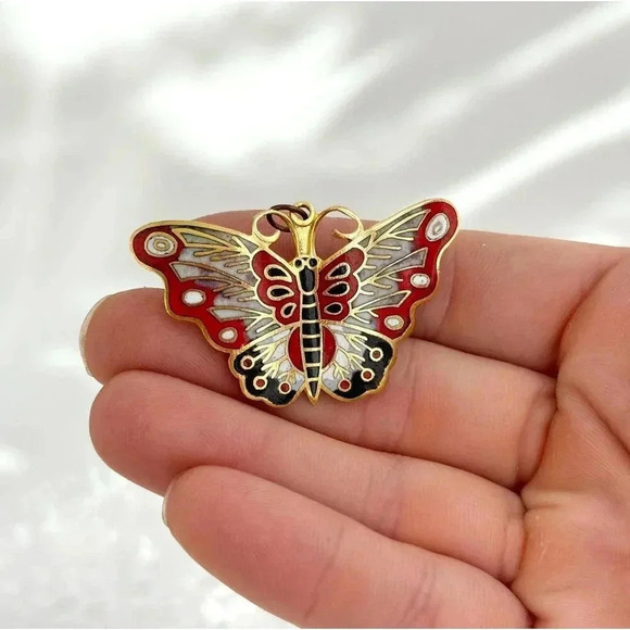 Gold & Red Toned Cloissone Butterfly Figural Vintage Brooch | Pendant Combo - Picture 7 of 10